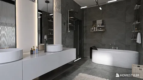 modern bathroom design featuring dual sinks and a freestanding bathtub, showcasing sleek style and functional layout, enabled by Homestyler's real-time 3D rendering.