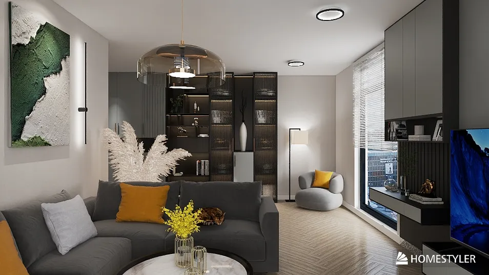 modern living room with stylish furniture and decor featuring 3D rendering of interior design in a contemporary style, showcasing the smart furniture arrangement capability of Homestyler.