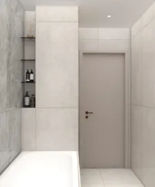 modern bathroom interior design featuring a sleek bathtub and minimalist shelves for toiletries, utilizing Homestyler's real-time 3D rendering functionality to visualize the spa-like atmosphere.
