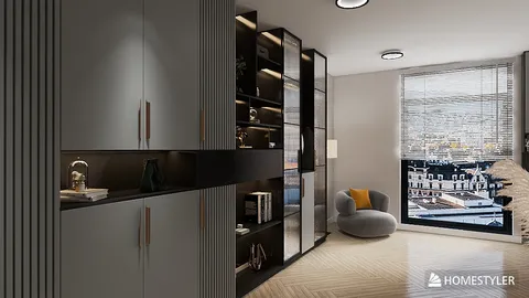 modern interior design featuring a sleek cabinet with glass shelving and a cozy seating area, optimizing small spaces with Homestyler's smart furniture arrangement feature