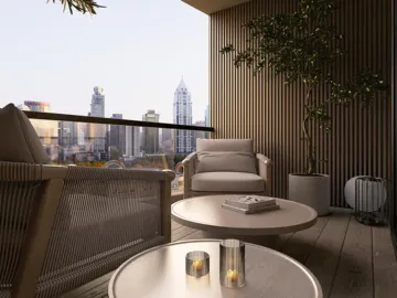 a modern balcony with comfortable seating and a cityscape view, showcasing a contemporary outdoor design aesthetic, highlighting the outdoor space value in urban living, utilizing Homestyler's real-time 3D rendering feature.