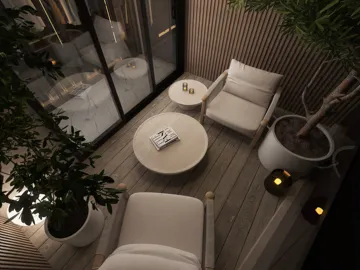 exterior seating area featuring modern chairs and a round table with plants, enhancing outdoor relaxation style within a compact space, utilizing Homestyler's real-time 3D rendering for design preview