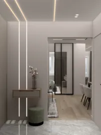 modern hallway design featuring a minimalist console table, designed to optimize small spaces with smart furniture arrangement using Homestyler's advanced 3D rendering.