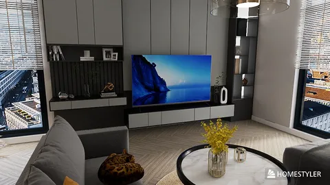 modern living room with TV placement and sleek furniture design showcasing a contemporary style, featuring interior decor elements enhanced by Homestyler's real-time 3D rendering capability.