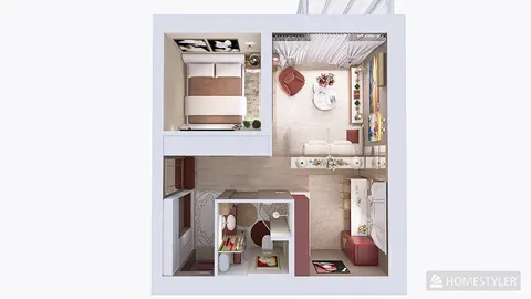 3D interior design layout showcasing a cozy bedroom and living area, utilizing Homestyler's real-time 3D rendering for quick design visualization.