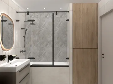 Bathroom interior featuring modern shower design with glass enclosure, emphasizing contemporary aesthetics and optimized space utilization, utilizing Homestyler's real-time 3D rendering capabilities.