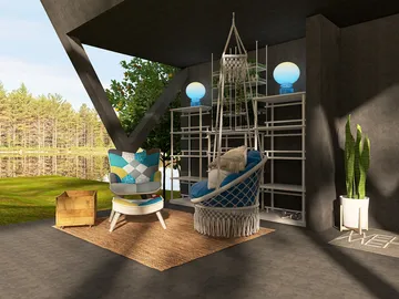 modern outdoor seating area featuring a cozy chair with geometric patterns and a stylish shelf, designed to enhance functionality and visual appeal in an exterior environment, leveraging Homestyler's real-time 3D rendering feature.