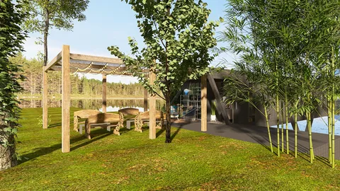 outdoor patio with dining furniture surrounded by greenery and trees, engaged in premium landscaping design, showcasing Homestyler's real-time 3D rendering feature.