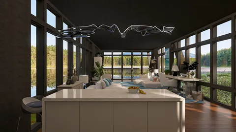 modern living room interior design featuring spacious layout and large windows overlooking greenery, utilizing Homestyler's real-time 3D rendering for a realistic decor preview.