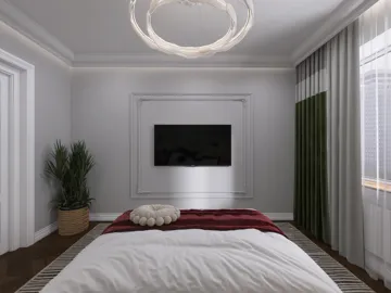 bedroom design featuring a bed and minimalistic decor with a modern style, showcasing the use of Homestyler's realtime 3D rendering for effective design visualization.