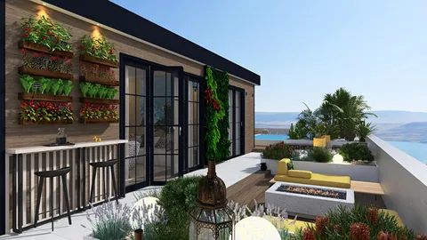 Rooftop terrace with a modern bar setup featuring green plants, stylish lounge chairs, and a fire pit, designed for social gatherings with a stunning view, utilizing Homestyler's real-time 3D rendering feature.
