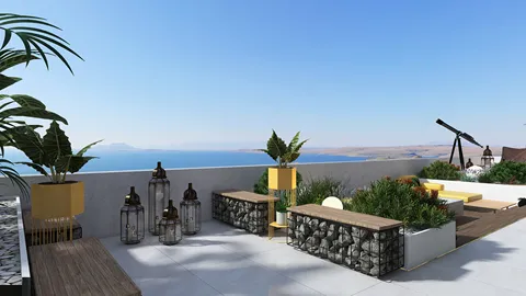 A serene rooftop terrace featuring stylish furniture arrangement and decorative plants, showcasing a modern Mediterranean style with stunning ocean views, utilizing Homestyler's real-time 3D rendering capability for interior design visualization.