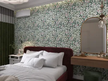 cozy bedroom with floral wallpaper and stylish furnishings, showcasing modern interior design, featuring Homestyler's real-time 3D rendering for quick visualization.