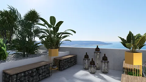 Outdoor terrace with planters and decorative lanterns enhancing coastal view in a modern tropical style, optimized for small space design using Homestyler's 3D rendering feature.