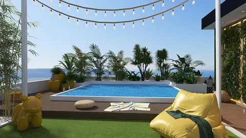 outdoor pool area featuring a relaxed seating arrangement with cozy bean bags and decorative greenery, designed in a modern tropical style, showcasing Homestyler's real-time 3D rendering for immersive interior decor visualization.