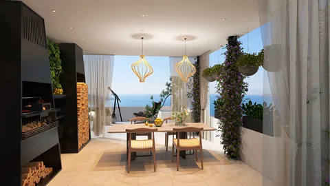 open dining area featuring a wooden dining table with chairs, complemented by modern pendant lights, designed in a contemporary style, showcasing a scenic ocean view, utilizing Homestyler's real-time 3D rendering functionality for design previews.