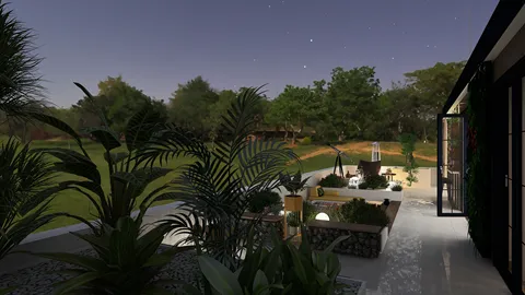 outdoor patio with lush greenery featuring a cozy seating arrangement and ambient lighting, showcasing 3D interior design elements for a tranquil garden space, utilizing Homestyler's real-time 3D rendering technology.