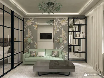 Modern living room design featuring a mint green sofa and floral wallpaper, showcasing a stylish layout with a glass partition for space optimization, using Homestyler's 3D rendering for an immersive interior decor experience.