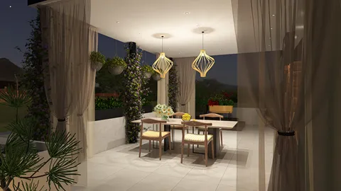 Dining space featuring an elegant table setting with pendant lights in a modern outdoor design, showcasing a natural ambiance; includes a long-tail keyword related to interior decor and highlights Homestyler's real-time 3D rendering feature.