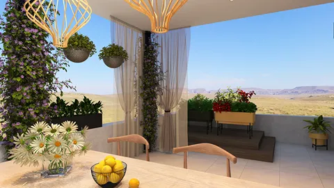 outdoor dining area showcasing a vibrant green wall with hanging plants and stylish pendant lights in a modern minimalist style, illustrating an inviting atmosphere for alfresco dining; featuring Homestyler's real-time 3D rendering for instant design visualization.