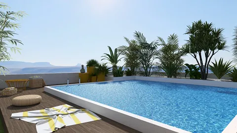 sunny outdoor pool area with vibrant tropical plants and a relaxing lounge setup featuring patterned towels, showcasing 3D design render by Homestyler