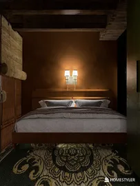 cozy bedroom showcasing modern interior design with elegant lighting and rich textures, emphasizing interior decor elements and utilizing Homestyler's real-time 3D rendering feature.