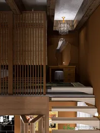 wooden divider separating cozy bedroom from living area in modern rustic style, featuring a warm color palette and a chandelier, utilizing Homestyler's real-time 3D rendering feature.