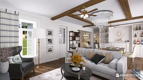 cozy living room with modern furniture arrangement showcasing a classic style, featuring a Homestyler real-time 3D rendering for interior design visualization.