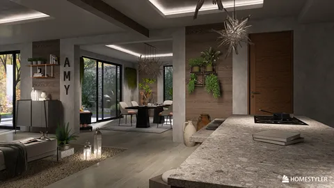 modern living room design featuring smart furniture arrangement using Homestyler, creating an open and spacious interior with a blend of natural and contemporary elements.