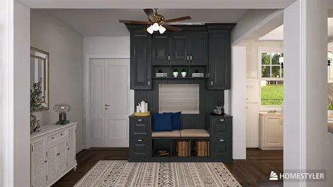 Modern entryway featuring built-in storage seating with dark cabinetry and warm wood accents, designed with Homestyler's real-time 3D rendering functionality for an optimal interior decor experience.