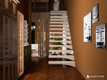 open staircase design showcasing a modern twist in a warm-toned hallway, featuring interior decor elements for enhanced aesthetic appeal, utilizing Homestyler's real-time 3D rendering feature to preview design effects.