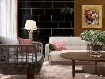 Living room seating area featuring a beige sofa and a wicker chair, styled with decorative pillows and a floral arrangement, showcasing modern interior design aesthetics while utilizing Homestyler's real-time 3D rendering for effective space visualization.