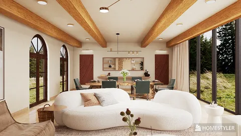 modern living room showcasing a curved sofa in a cozy arrangement, highlighting a contemporary interior design aesthetic, with the Homestyler 3D rendering feature enabling real-time visualization.