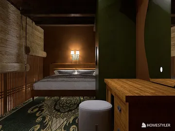 Cozy bedroom design featuring a wooden bed and stylish decor, utilizing realistic 3D rendering for a vivid visualization, showcasing the Homestyler platform's capability to present interior spaces effectively.