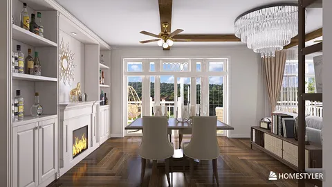 dining area with modern furniture arrangement showcasing a cozy ambiance in a contemporary style, featuring Homestyler's real-time 3D rendering for an effective design proposal presentation.