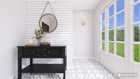 black console table with circular mirror and decorative flowers enhancing a bright entryway interior design, featuring Homestyler's real-time 3D rendering for a presentation of space aesthetics.