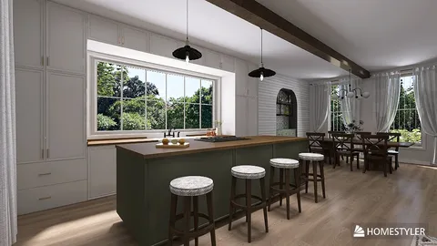 modern kitchen design with a central island, featuring smart furniture arrangement in a cozy farmhouse style, showcasing Homestyler's real-time 3D rendering capability