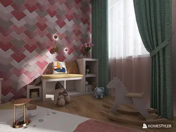 Cozy children's bedroom featuring playful patterned wallpaper and a comfortable seating area, designed in a modern style, showcasing Homestyler's real-time 3D rendering capability.