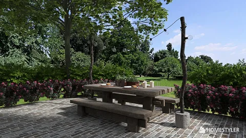 Outdoor wooden dining table arrangement in a garden setting, designed for cozy gatherings, featuring Homestyler's real-time 3D rendering capability.
