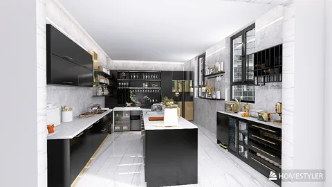 Modern kitchen design featuring a sleek black cabinetry and marble countertops, showcasing a contemporary style that enhances functionality with Homestyler's real-time 3D rendering feature.