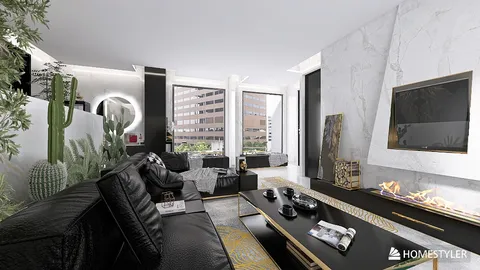 modern living room featuring 3D rendering of furniture arrangement with black leather sofas and marble accents, enhancing space value through Homestyler's real-time 3D rendering functionality.