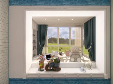 cozy reading nook featuring plush toys and serene natural views with a modern design style, showcasing Homestyler's real-time 3D rendering functionality.