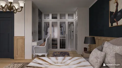 Cozy bedroom design featuring a spacious wardrobe and a comfortable seating area, styled in a modern and elegant manner, showcasing Homestyler's real-time 3D rendering feature.