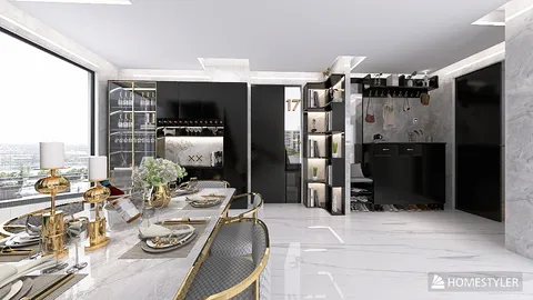 elegant dining room with modern furniture arrangement showcasing luxury design aesthetics, featuring real-time 3D rendering by Homestyler for enhanced visualization.