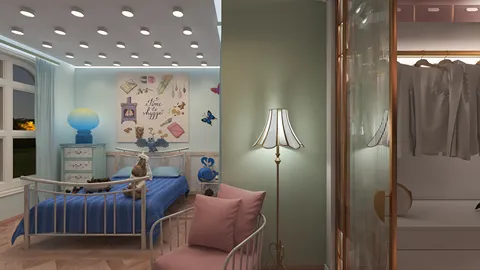 Cozy bedroom with a blue bed and stylish decor featuring butterflies and art pieces, showcasing a modern design aesthetic, optimized for small space arrangement, utilizing Homestyler's real-time 3D rendering feature.