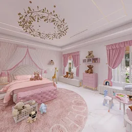 pink themed children's bedroom featuring cozy bedding and playful decorations, designed with Homestyler's real-time 3D rendering for optimal interior design visualization.