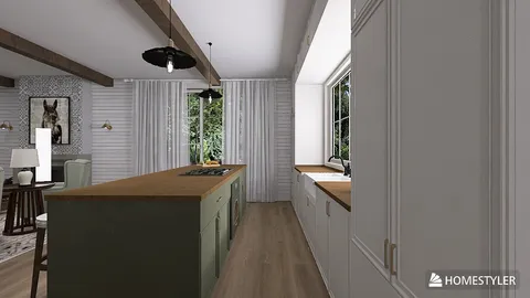 modern kitchen interior featuring a spacious island design with a wooden top, incorporating smart furniture placement for optimal space utilization and utilizing Homestyler's real-time 3D rendering for an enhanced visual appeal.