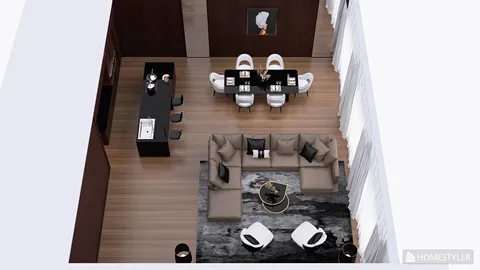 Modern living room featuring a spacious layout with a comfortable seating area, designed using Homestyler's real-time 3D rendering for accurate design proposal visualization.