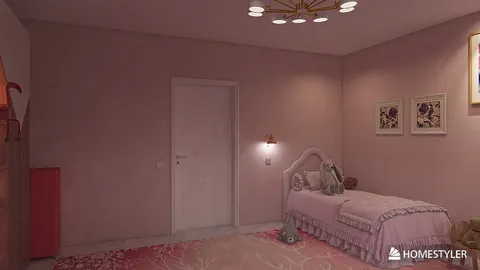 pink bedroom with a single bed and decorative wall accents, featuring soft lighting and cozy design elements, showcasing interior decor using Homestyler's real-time 3D rendering feature.