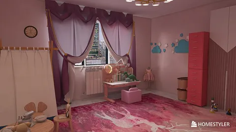 Children's bedroom design featuring whimsical decor and pink tones with smart furniture arrangement for space optimization using Homestyler's AR virtual placement functionality.